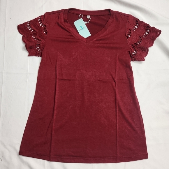 Wiholl Tops - 3/$25 Ruby Red short sleeve tee shirt embroidered eyelet NWT Wiholl size S